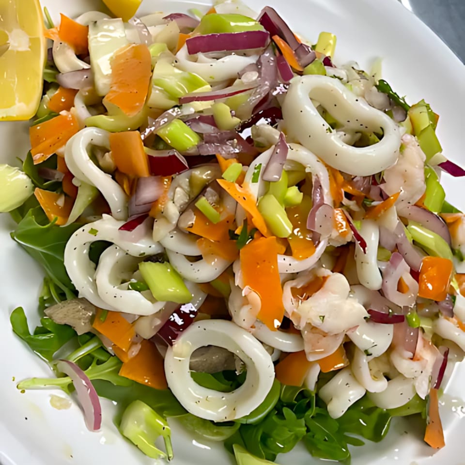 Frank's Pizza & Restaurant's calamari salad with red onions, carrots, celery, and lemon.