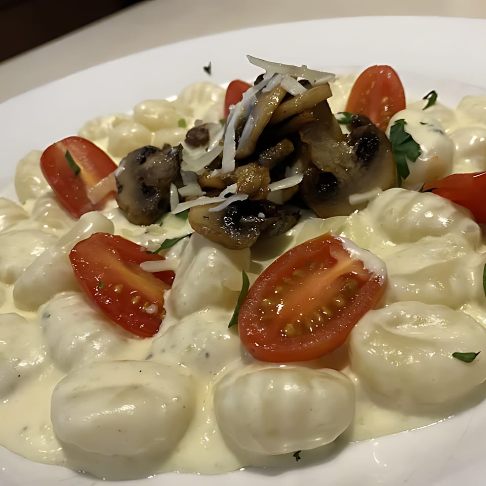 Creamy gnocchi with sautéed mushrooms, halved cherry tomatoes, and grated cheese on a white plate.