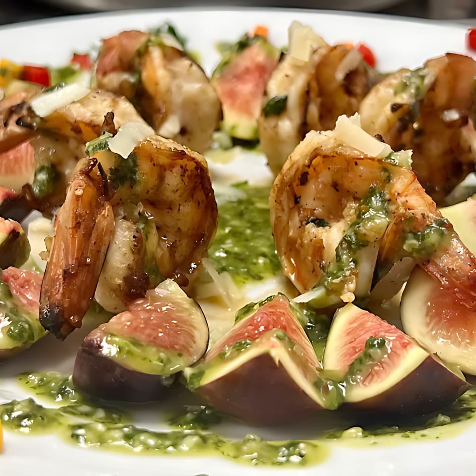 Grilled shrimp and fig appetizer with pesto and shaved cheese on a white plate.