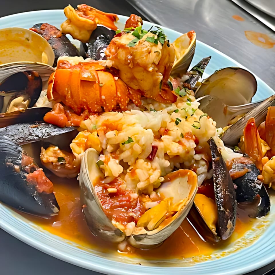 A close-up of Frank's Pizza & Restaurant's seafood risotto with lobster, mussels, clams, and shrimp.