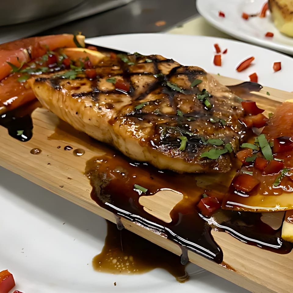 Grilled salmon with balsamic glaze, diced tomatoes, and herbs, served on a wooden plank.
