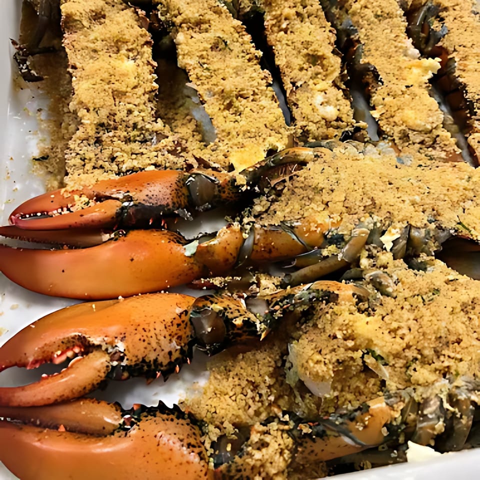Close-up of baked lobster tails and claws covered in golden-brown breadcrumbs, ready to be served.